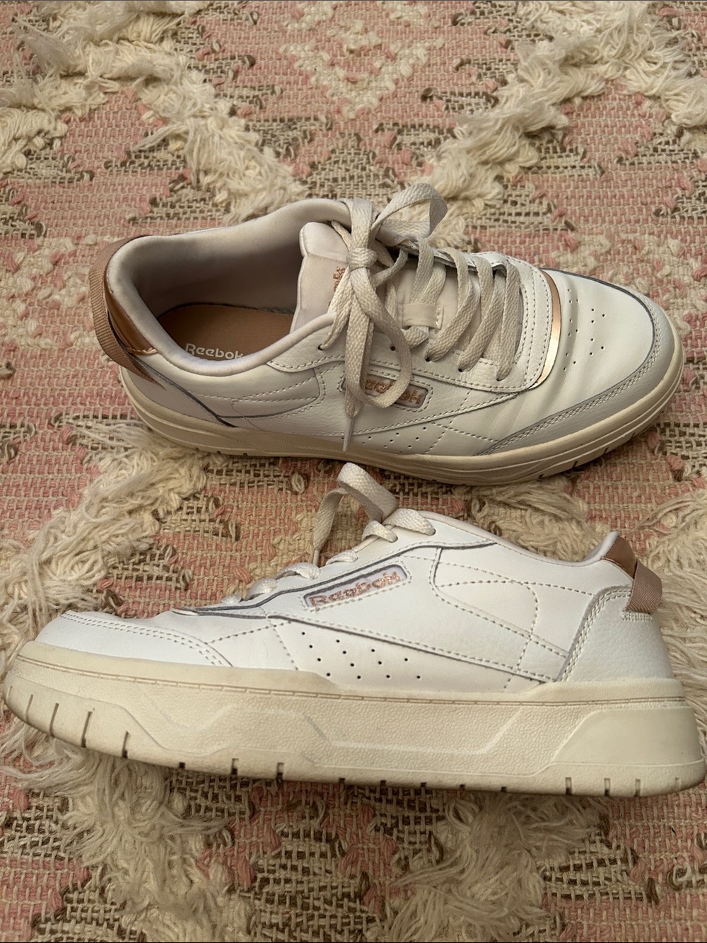 Reebok White Leather Sneakers with Rose Gold Heel Accent